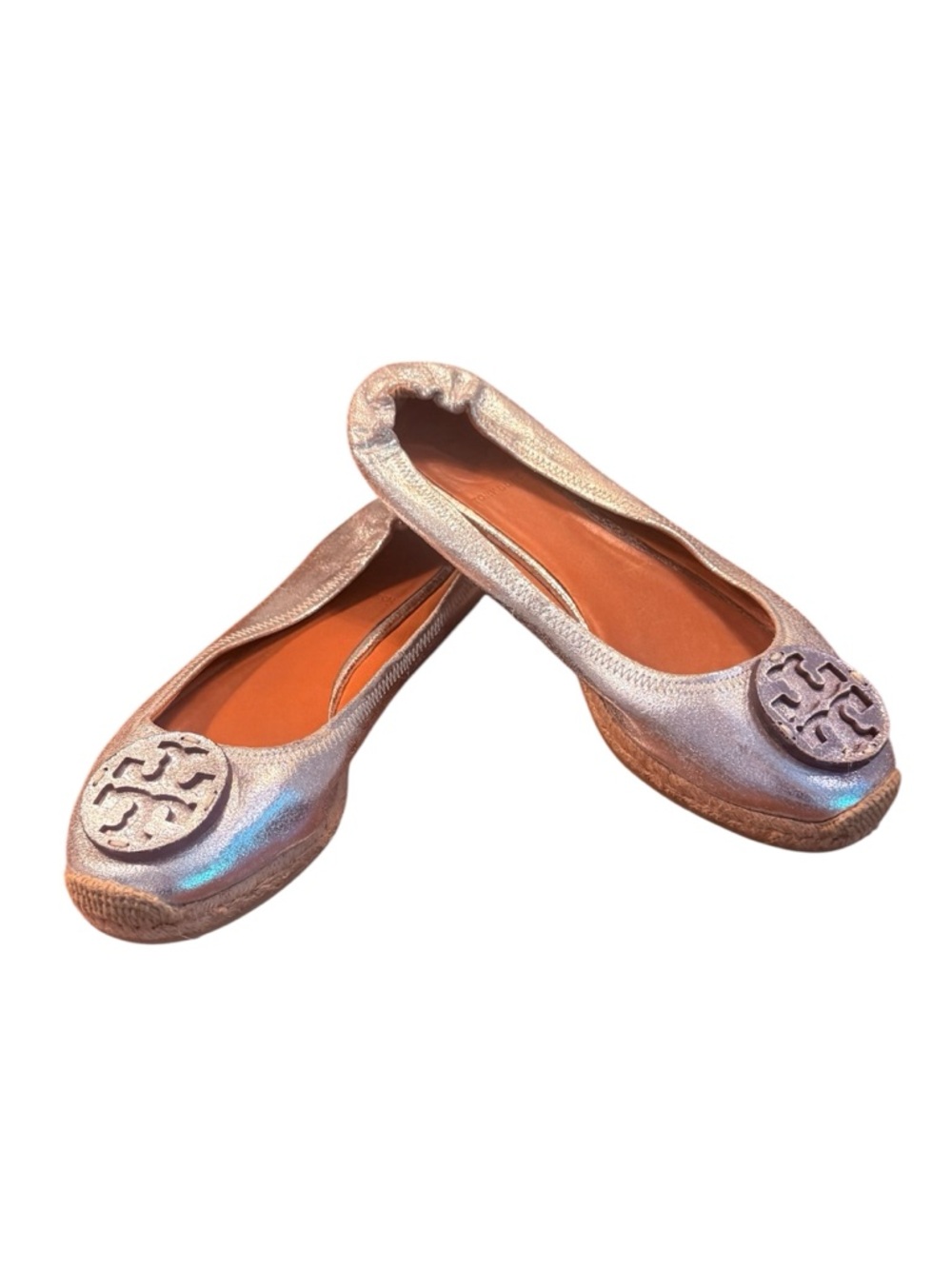 Tory Burch Metallic Rose Gold Logo Espadrille Flats